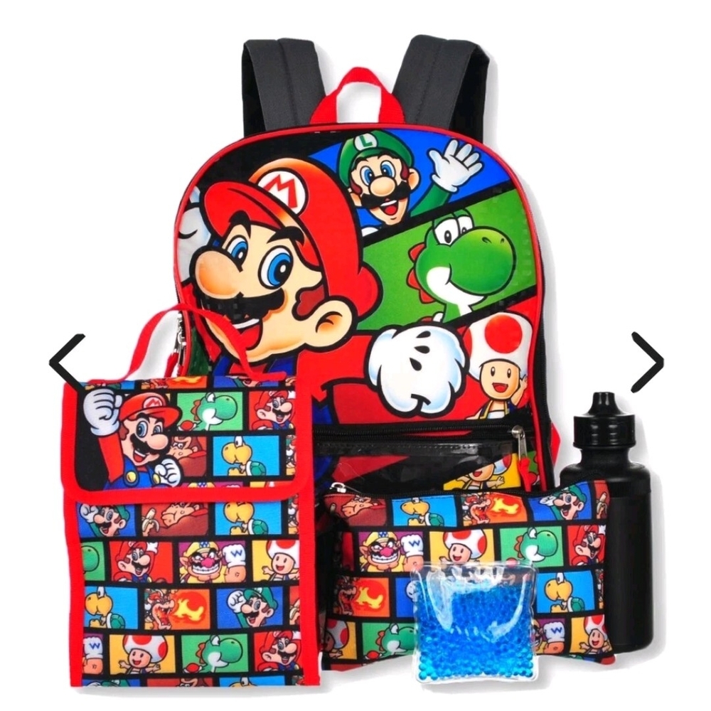 Kids' Nintendo Super Mario 5-PC Backpack Set Black Red One Size